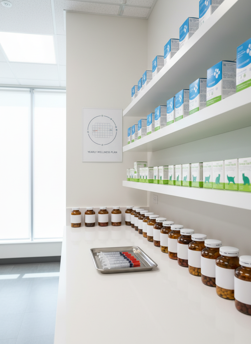A tidy medication and wellness supplies station inside a veterinary clinic, featuring neatly arranged amber pill bottles with blank labels, pre-filled vaccine syringes capped safely on a stainless steel tray, and color-coded flea and tick prevention boxes for dogs and cats displayed on clean white shelves. The background includes a subtle poster illustrating a yearly wellness schedule. Cool, diffused fluorescent lighting combined with soft natural light from a side window creates gentle reflections on glass and metal. Photographic realism with a straight-on perspective and sharp focus throughout, projecting a sense of order, safety, and professional preventative care.