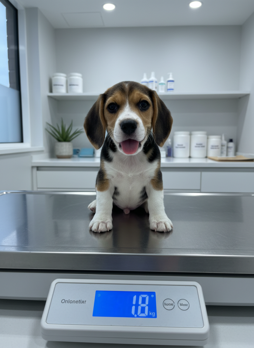 A joyful young tricolor beagle puppy sitting on a stainless steel veterinary scale, its paws perfectly centered on the digital platform, with the softly glowing weight readout visible in the foreground. Behind the puppy, a bright, organized clinic room features a white counter with labeled containers, a few neatly stacked patient files, and a small potted plant adding a hint of green. Neutral, cool-toned lighting from recessed ceiling fixtures and a nearby window provides even, shadow-free illumination. Shot in photographic realism at a slightly low angle to emphasize the puppy, using shallow depth of field and a balanced, professional composition that communicates puppy wellness checkups.