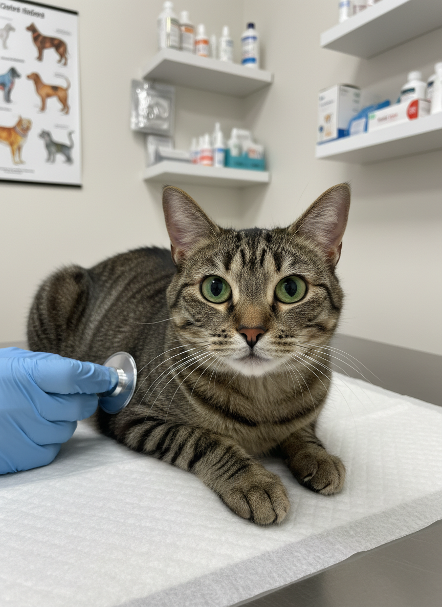 A close-up of a healthy adult tabby cat lying relaxed on a padded, white veterinary exam table, its bright green eyes open and calm as a veterinarian’s stethoscope rests lightly on its chest, visible only as a partial, gloved hand and instrument. The background shows an out-of-focus wall chart of canine and feline anatomy and neatly arranged medical supplies on floating shelves. Soft overhead clinical lighting creates even illumination with subtle reflections on metal surfaces. Photographic realism with a slightly elevated angle and shallow depth of field, conveying professional, thorough wellness care in a clean, modern environment.