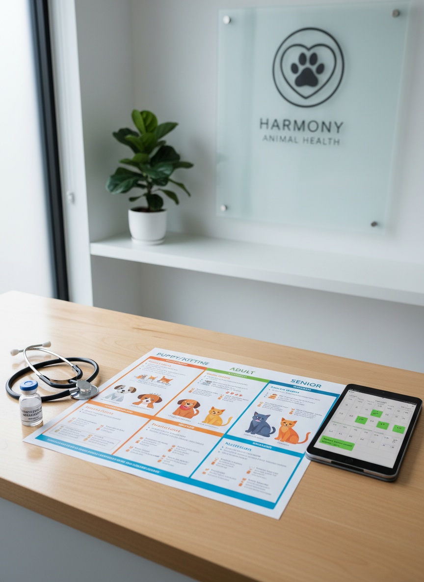 A pristine veterinary consultation desk with a detailed, full-color canine and feline wellness chart spread neatly across it, featuring life-stage sections for puppy/kitten, adult, and senior care. Beside the chart rests a stethoscope, a small vial of routine vaccines, and a sleek tablet showing a subtle calendar of scheduled checkups. The setting is a bright, minimalist office corner with a white wall, a subtle clinic logo on frosted glass, and a small, leafy plant. Cool, diffused daylight from a nearby window creates soft reflections and crisp shadows. Photographic realism from a slightly elevated angle, emphasizing clarity, organization, and professional preventative care planning.