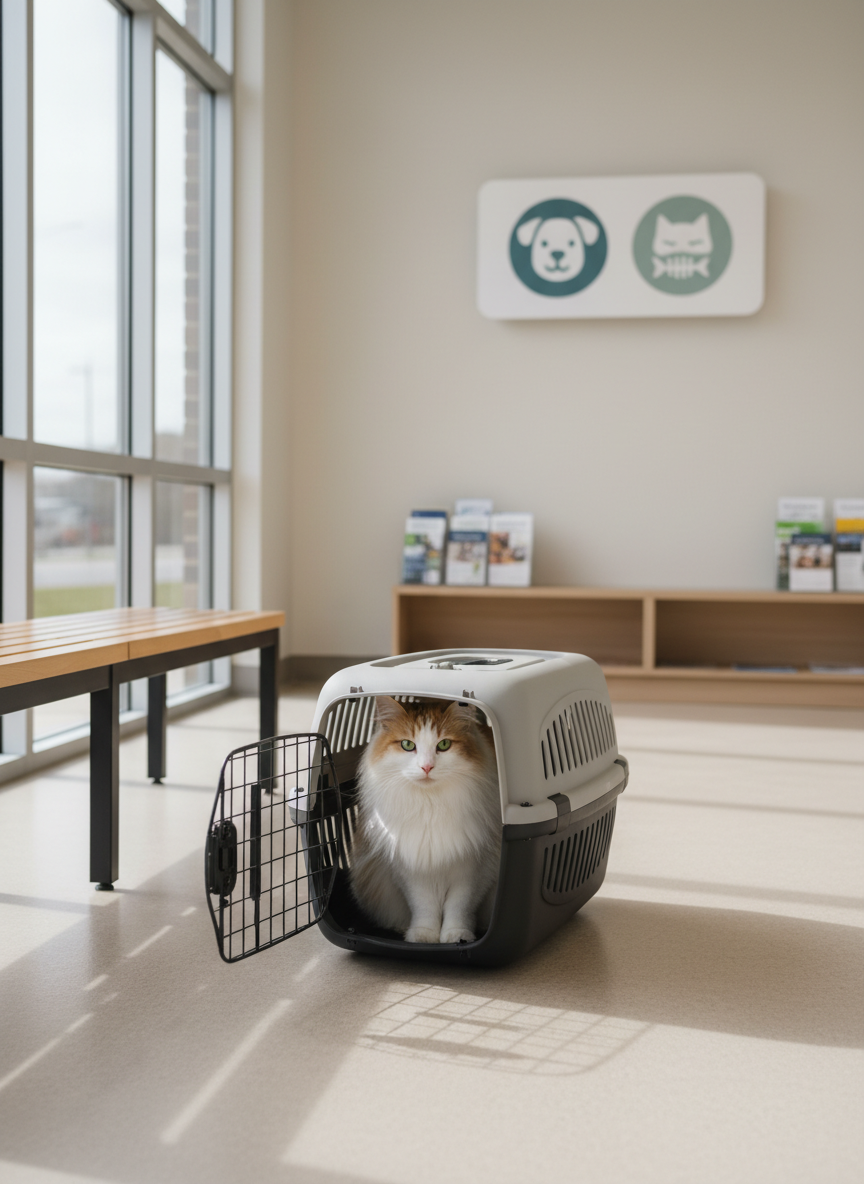 A serene scene of a fluffy white-and-ginger long-haired cat sitting in a modern transport carrier placed on a bench in a veterinary waiting area, the carrier door open as the cat calmly looks out. The space features light wood benches, a low bookshelf with neatly arranged pet care brochures, and a discreet wall sign showing icons for dog and cat wellness. Large windows let in soft overcast daylight, casting gentle, elongated shadows on the polished floor. Photographic realism with a wide, eye-level composition and moderate depth of field, conveying a stress-free, welcoming environment for routine checkups.