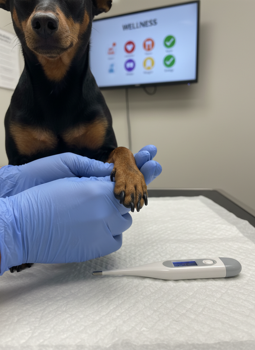 A close-up of a veterinarian’s gloved hands gently holding a small, alert black-and-tan miniature pinscher’s paw on a padded exam table while a sleek digital thermometer lies nearby, its screen softly illuminated. The dog’s nails are neatly trimmed, and a crisp, disposable exam table cover adds texture. In the blurred background, there is a wall-mounted monitor displaying a simple, colorful wellness checklist. Neutral clinical lighting provides even, shadow-minimizing illumination. Photographic realism captured from a slightly elevated, tight composition with shallow depth of field, emphasizing attentive, detailed wellness exams for small companion dogs.